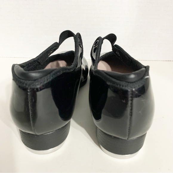 Capezio Tele Tone Tap Faux Patent Leather Tap Shoes Grosgrain Ribbon Trim Black - Picture 4 of 9